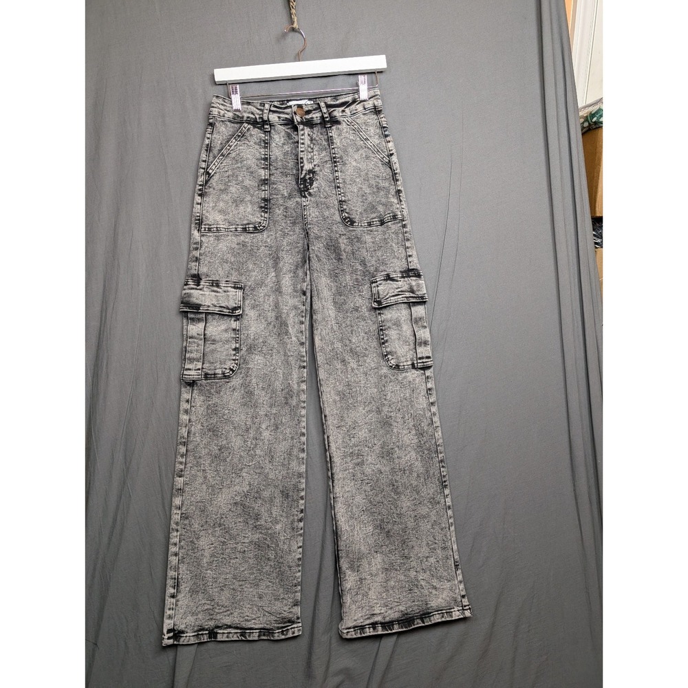 DISCLOSURE Women's Acid Wash Cargo Jeans Grey Wide Leg Baggy Denim‎ Size 9/29